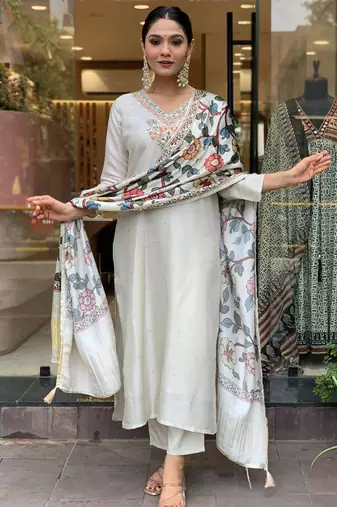 Off white color viscose chanderi sttiched straight suit