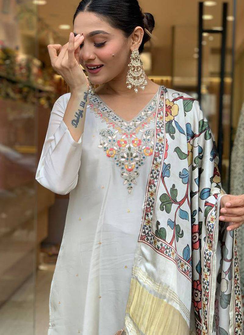 Off white color viscose chanderi sttiched straight suit