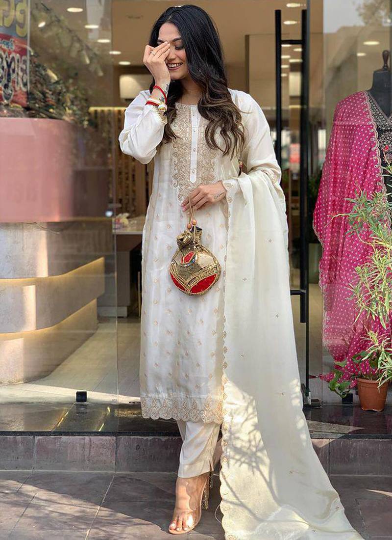 White color viscose rayon sttiched straight suit