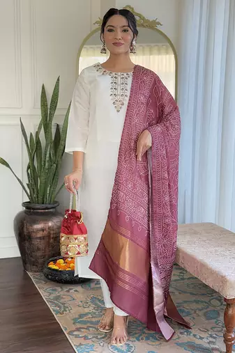 Off white color roman silk sttiched straight suit