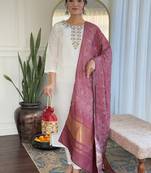 Off white color roman silk sttiched straight suit