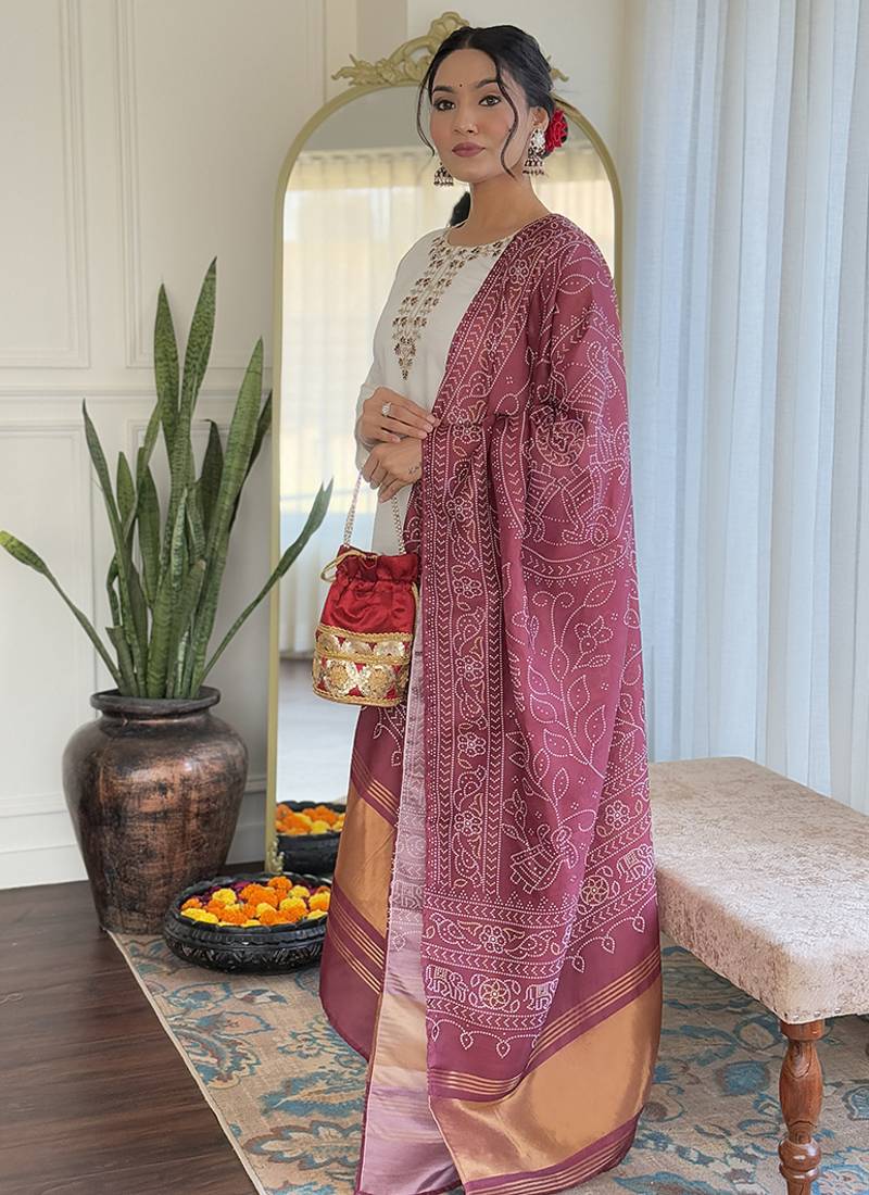 Off white color roman silk sttiched straight suit