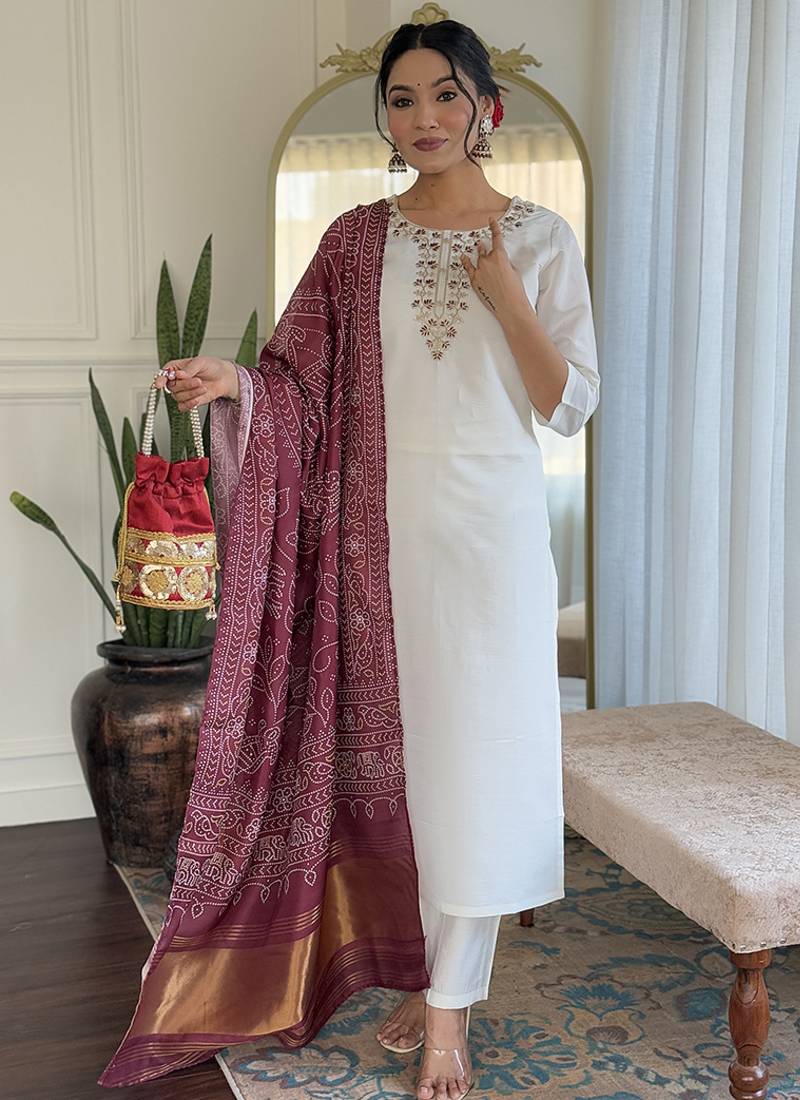 Off white color roman silk sttiched straight suit