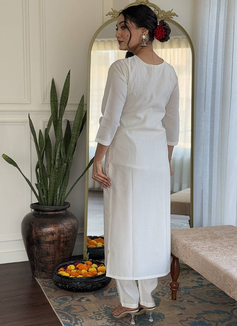 Off white color roman silk sttiched straight suit
