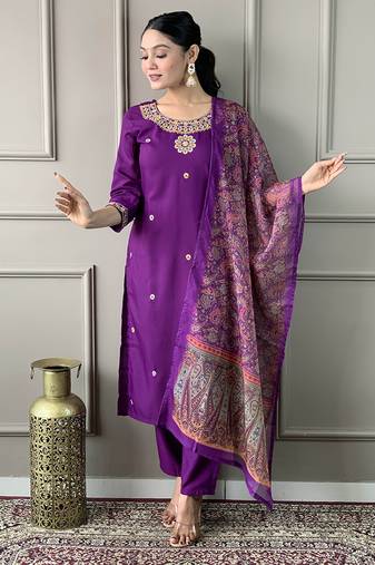 Purple color rayon embroidered straight suit