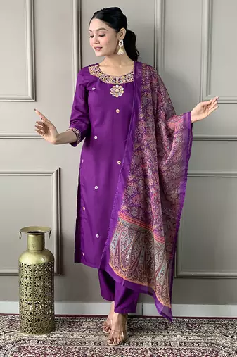 Purple color rayon embroidered straight suit