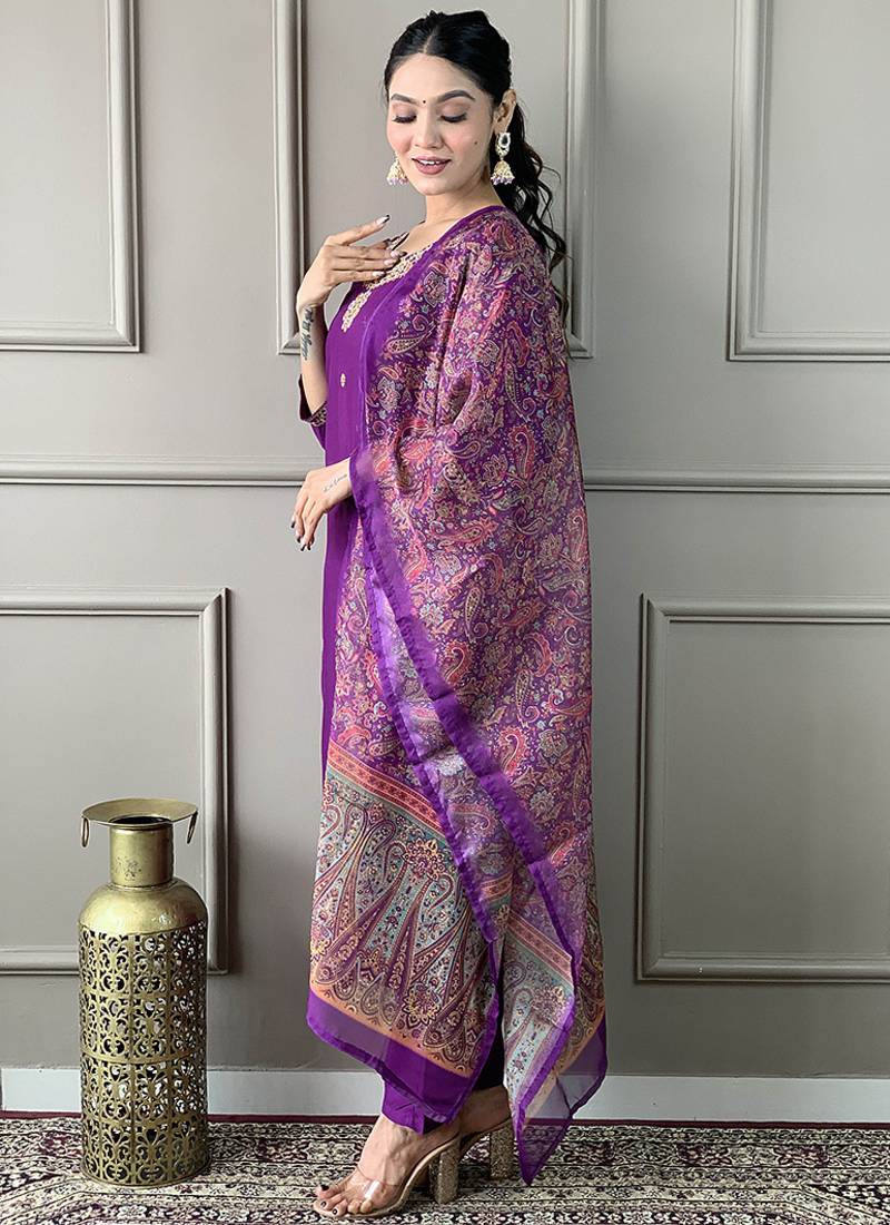 Purple color rayon embroidered straight suit