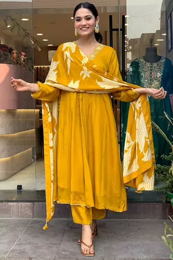 Mustard color chinon silk  anarkali suit