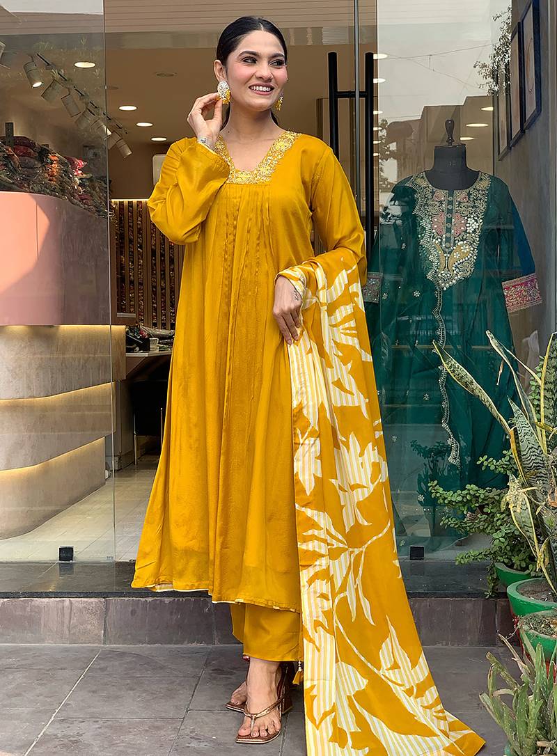 Mustard color chinon silk  anarkali suit