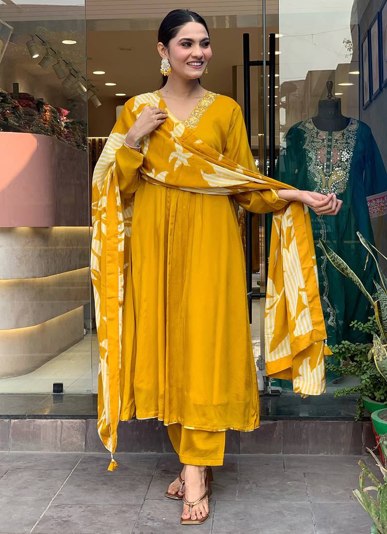 Mustard color chinon silk  anarkali suit