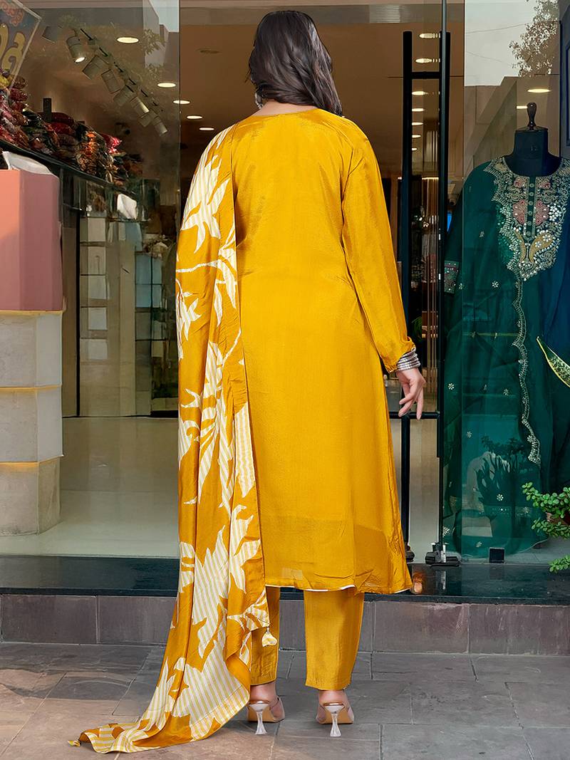 Mustard color chinon silk  anarkali suit