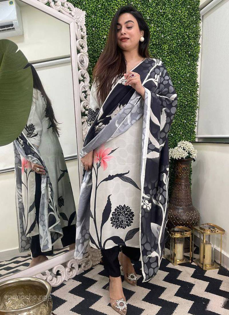 White color viscose rayon printed  kurta set