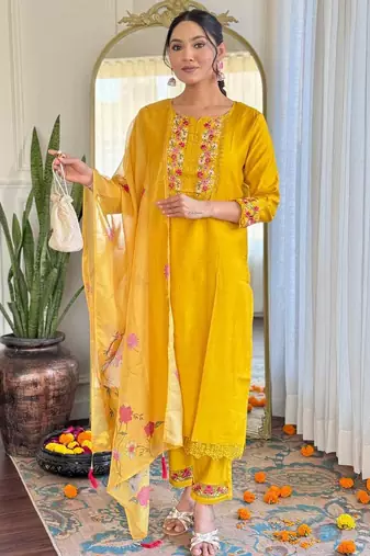 Yellow color gadhwal silk embroidered suit