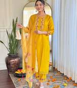 Yellow color gadhwal silk embroidered suit