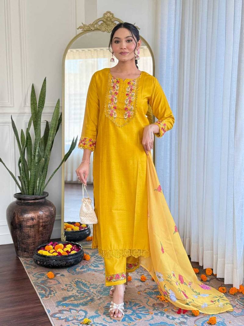 Yellow color gadhwal silk embroidered suit