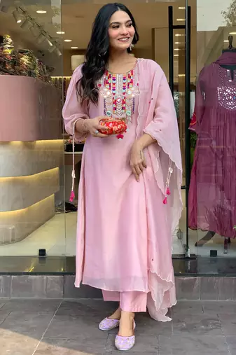 Light pink color chanderi silk  kurta set