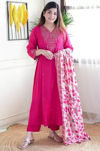 Dark pink color chanderi embroidered sttiched kurta set