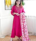 Dark pink color chanderi embroidered sttiched kurta set