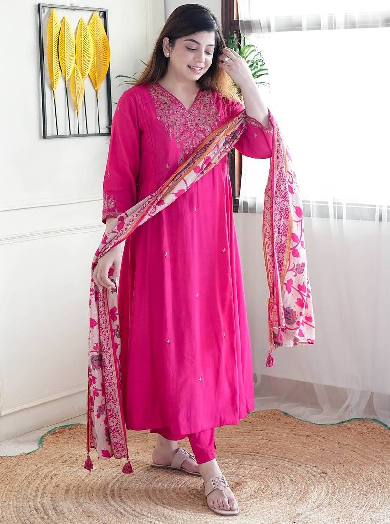 Dark pink color chanderi embroidered sttiched kurta set