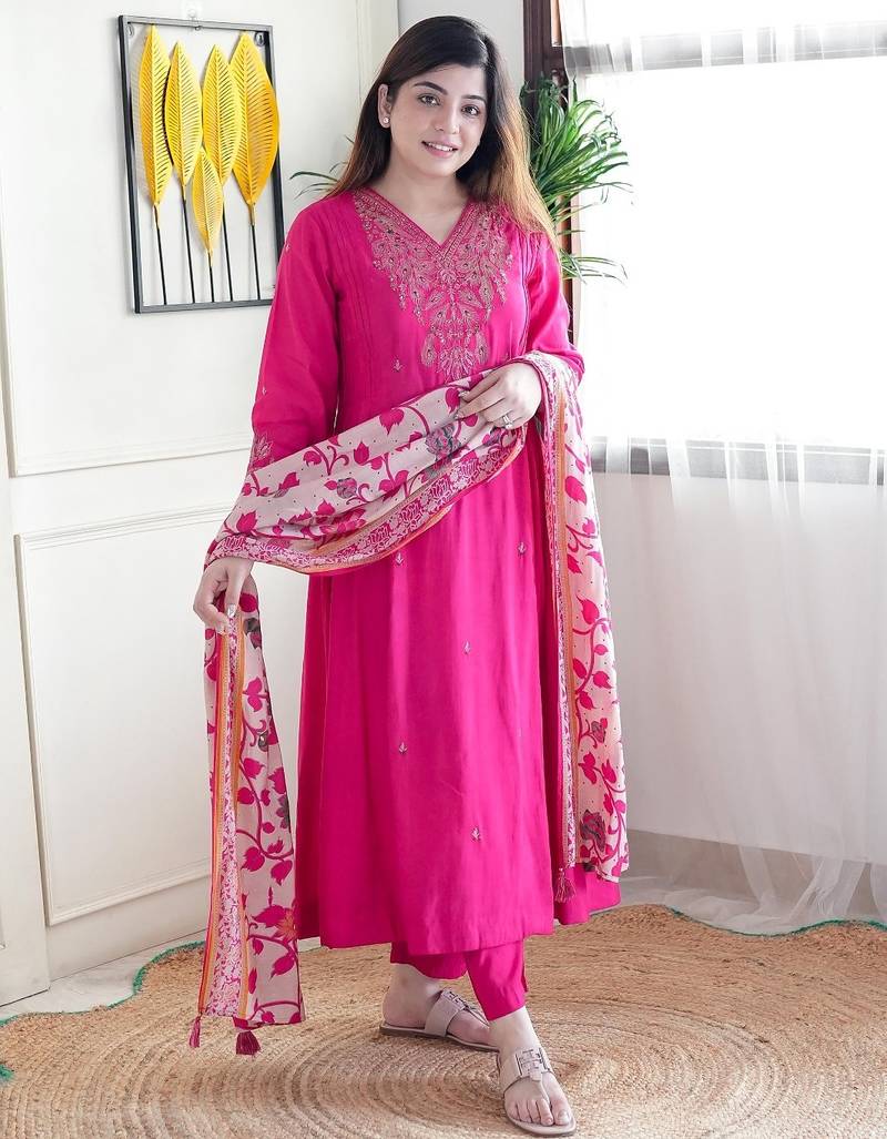 Dark pink color chanderi embroidered sttiched kurta set