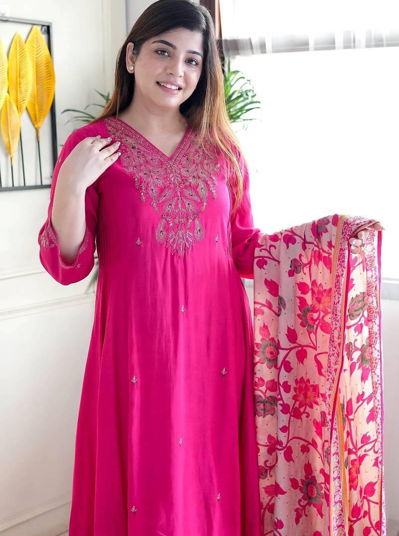 Dark pink color chanderi embroidered sttiched kurta set