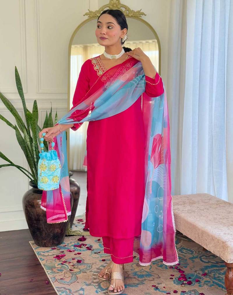 Rani pink rayon embroidered sttiched kurta set