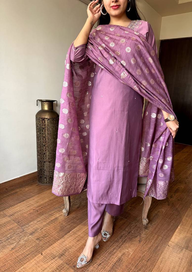 Lavender color viscose chanderi sttiched kurta set