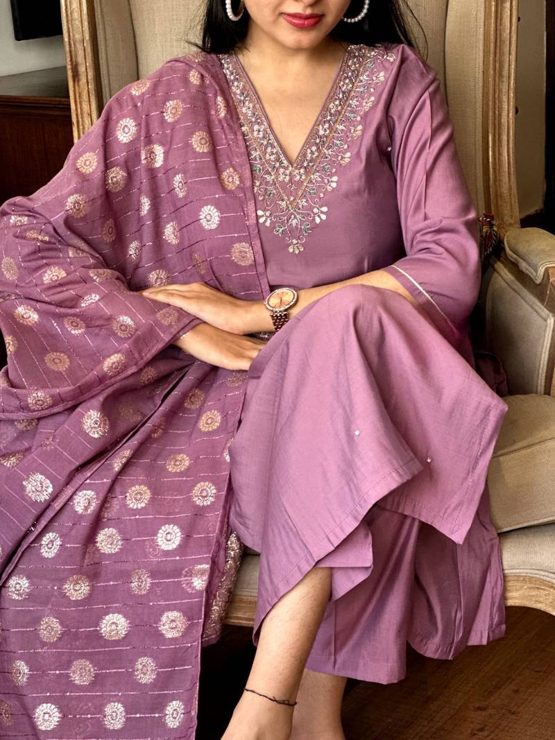 Lavender color viscose chanderi sttiched kurta set