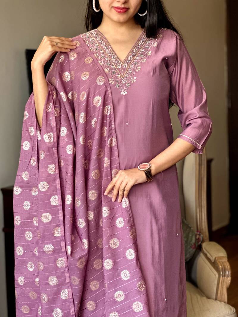 Lavender color viscose chanderi sttiched kurta set