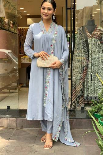Grey color viscose chinon embroidered kurta set
