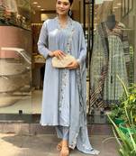 Grey color viscose chinon embroidered kurta set
