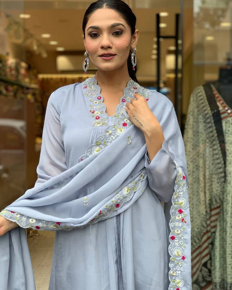 Grey color viscose chinon embroidered kurta set