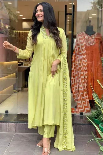 Lemon yellow color viscose chinon embroidered kurta set