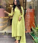 Lemon yellow color viscose chinon embroidered kurta set