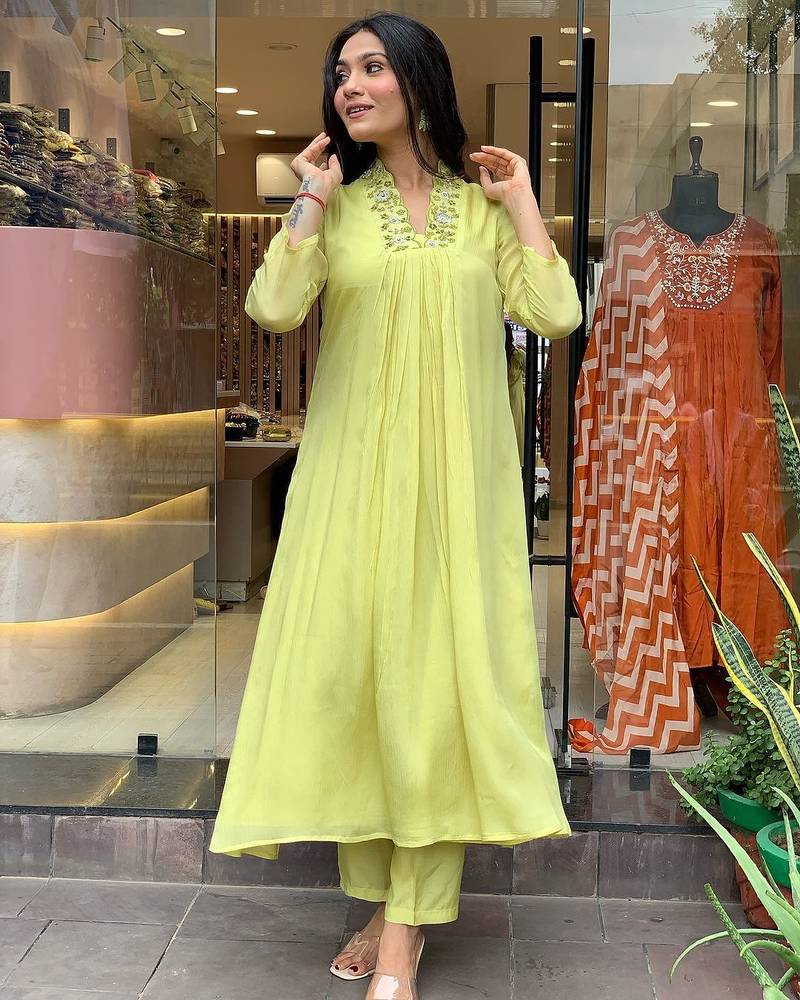 Lemon yellow color viscose chinon embroidered kurta set