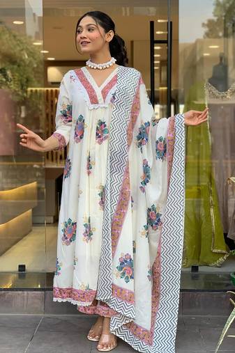 Off white color cotton embroidered anarkali kurta set