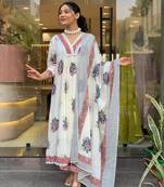 Off white color cotton embroidered anarkali kurta set