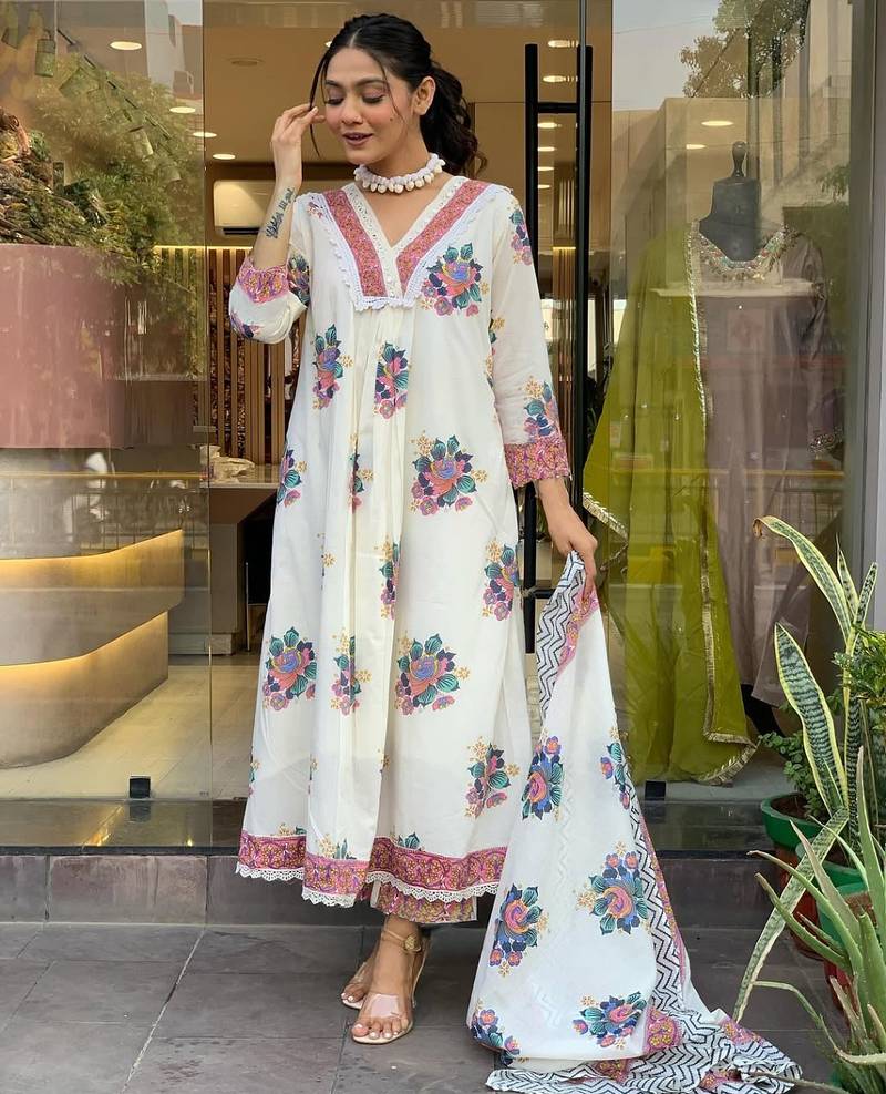 Off white color cotton embroidered anarkali kurta set