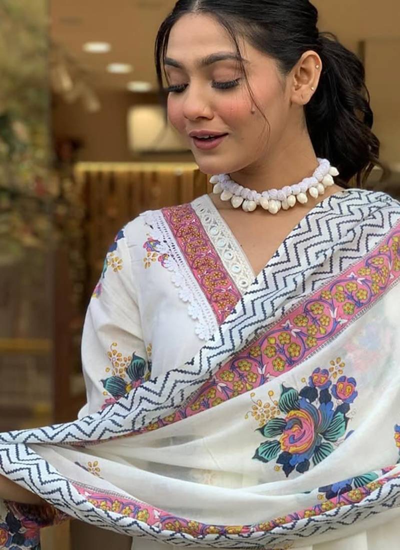 Off white color cotton embroidered anarkali kurta set