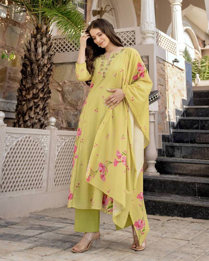Lemon yellow chanderi butti embroidered kurta set