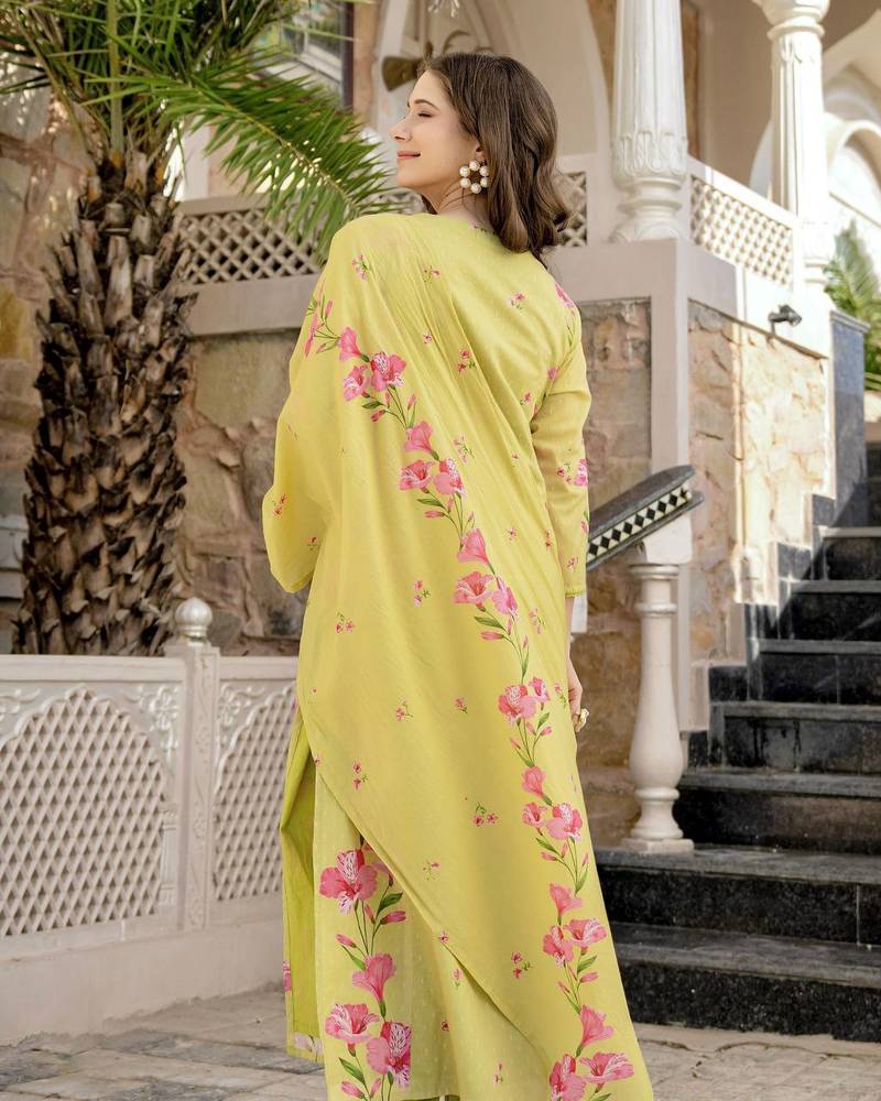 Lemon yellow chanderi butti embroidered kurta set