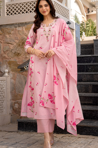 Rose pink chanderi butti embroidered kurta set