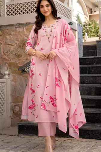 Rose pink chanderi butti embroidered kurta set