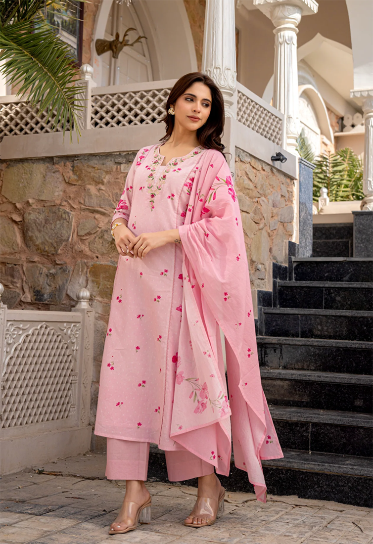 Rose pink chanderi butti embroidered kurta set