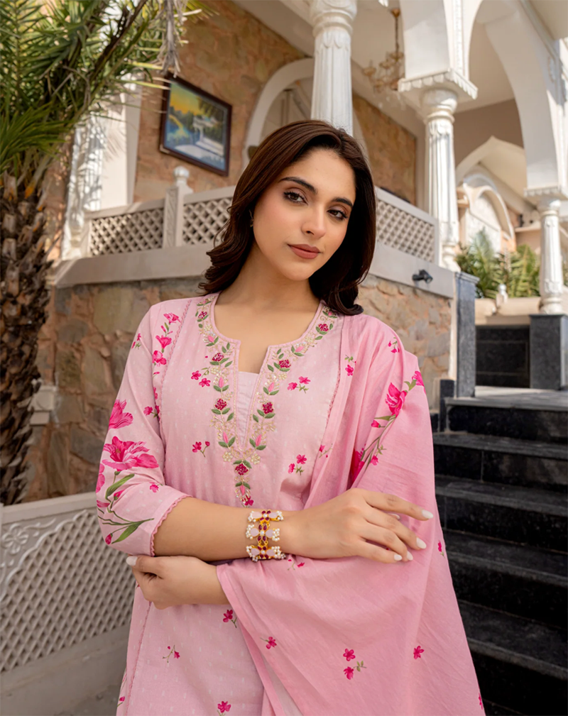 Rose pink chanderi butti embroidered kurta set