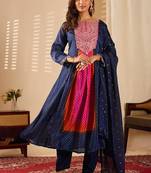Navy blue chinon print anarkali kurta set