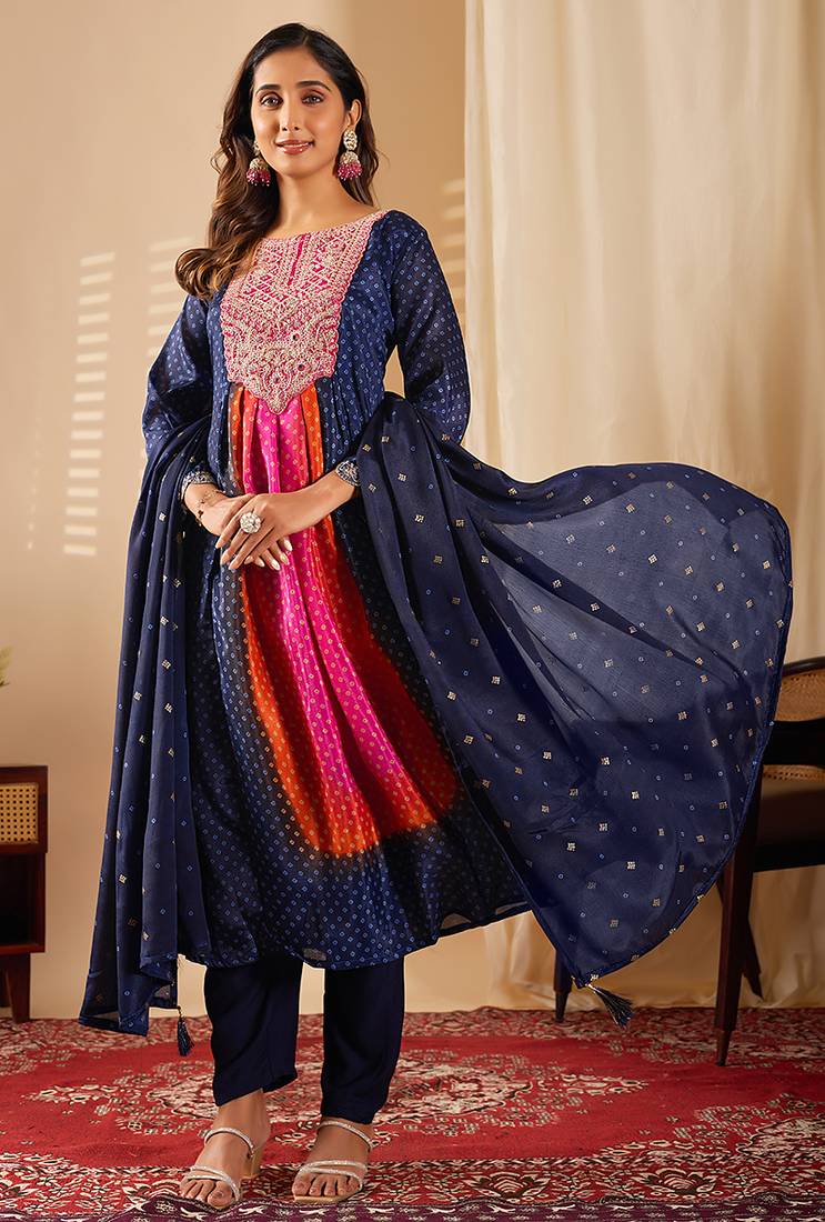 Navy blue chinon print anarkali kurta set