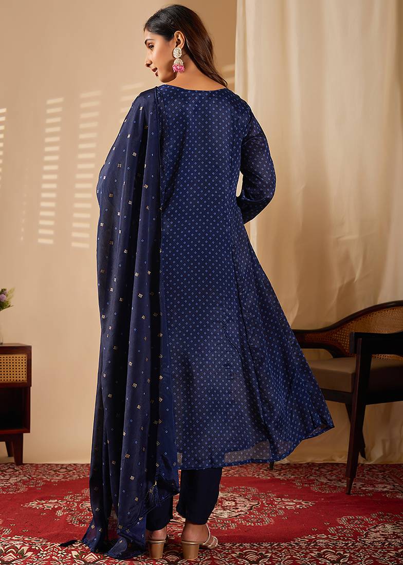Navy blue chinon print anarkali kurta set