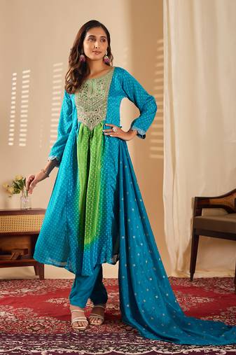 Turquoise chinon print anarkali kurta set
