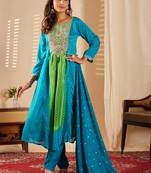 Turquoise chinon print anarkali kurta set